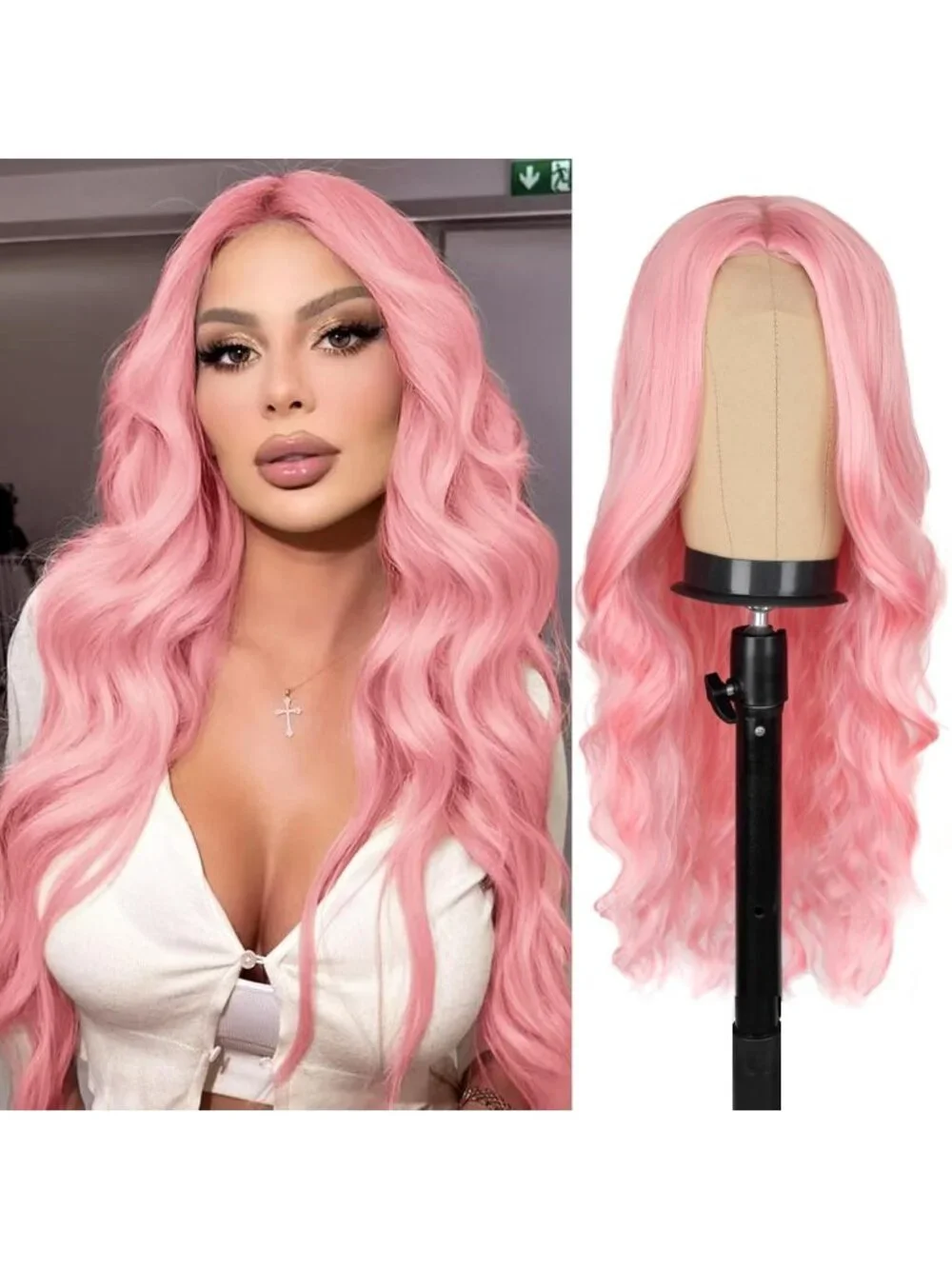 Women's Pink 26 Inch Charming Middle Part Heat Resistant Fiber Wigs